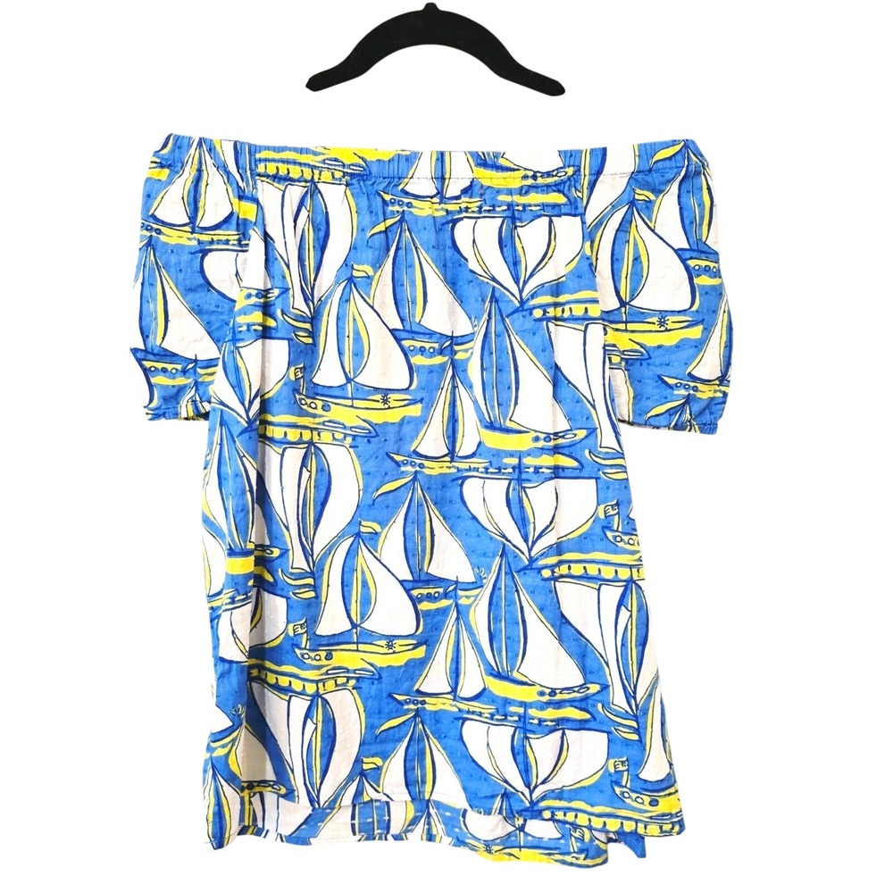 Lilly Pulitzer Sailboat Print Off The Shoulder Cotton Swiss Dot Top Blue XS